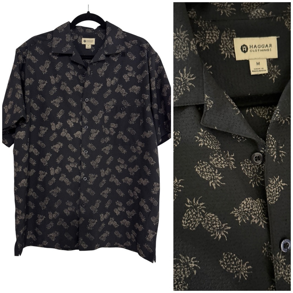 Haggar Men's Black Pineapple Print Button Down Shirt Size Medium